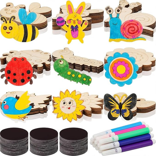 Blueweenly 36 Sets DIY Wooden Magnets Craft Kits for Kids Wooden Supplies Craft Painting Kit for Kids Activities Party Favors for Boys Girls Easter Basket Stuffers Birthday Party Gifts (Spring)