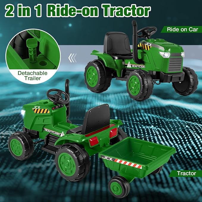 Costzon 2-in-1 Ride on Tractor, 12V Kids Ride on Car w/Detachable Trailer, Remote Control, Wireless Connection, Horn, Music/Lights/Spring Suspensions, Tractor Toys for Kids (Plastic Tires, Dark Green)