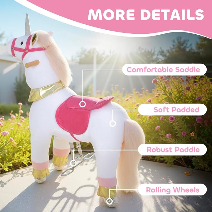 Qaba Ride on Horse for Kids 3-5 Years, 29.5 Inch Height Plush Riding Unicorn, Walking Horse Animal with Rolling Wheels for Active Play, No Batteries Required, White
