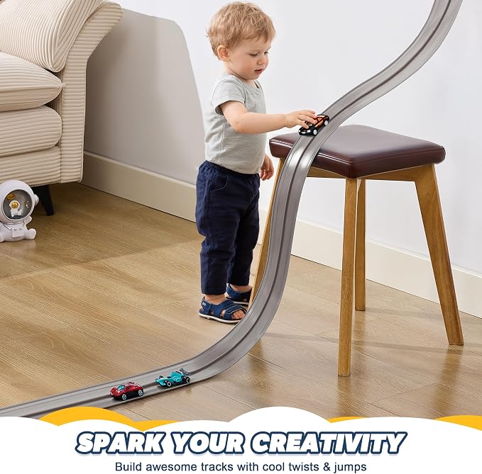 Flexible Race Track for Kids - 15 Ft Flex Track Race Car Tracks with Car Ramp Toy, Fit for Monster Truck Track & Kids' Play Cars, Race Tracks for Toddlers 3+, Gifts for Boys Girls (Gray)