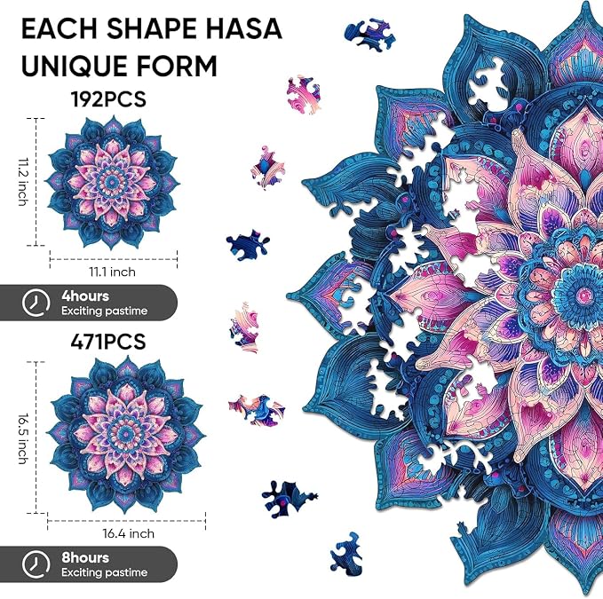 Ixfyloop Mandala Wooden Puzzles for Adults, Lotus Adult Puzzles 192 Pieces, Wooden Jigsaw Puzzles Unique Shape, Mindfulness Wood Puzzles Adult, 11.1x11.2 inch