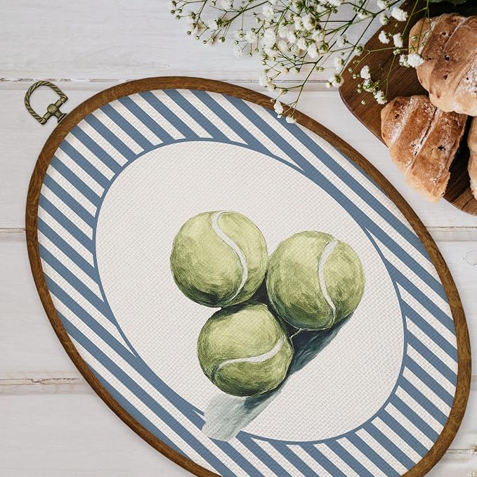 WULQYING Vintage Tennis Boy Nursery Wall Art Decor, Sports Room Oval Framed Canvas Art Prints, Blue Striped Tennis Ball Wall Hanging Decor for Kids Boys Room Bedroom Playroom, 8.6x11.4 Inches