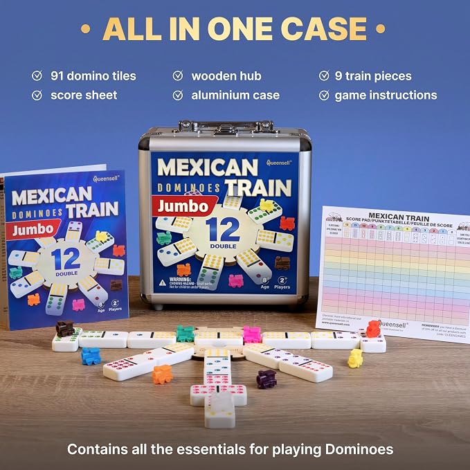 Queensell Mexican Train Dominoes Set with Jumbo Tiles – Double 12 Dominoes Set for Adults, 91 Tiles with Colorful Dots, Wooden Hub, Train & Aluminum Case