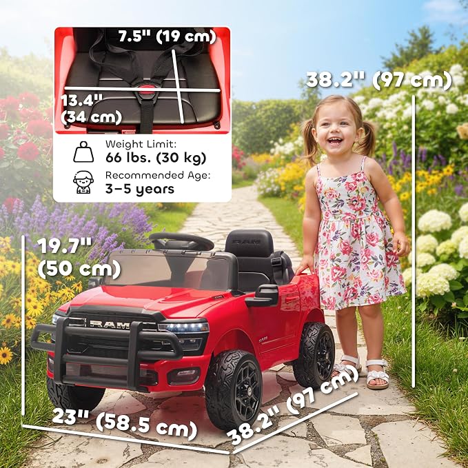 Qaba 12V Kids Ride on Car, Licensed Dodge RAM 3500 Electric Car for Kids with Dual Motors, Parent Remote Control, Rear Suspension, Power Display, Bluetooth Music and LED Lights, Red
