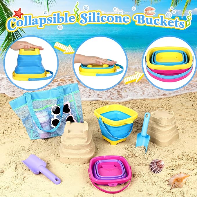 Collapsible Beach Buckets for Kids, 2 Packs Foldable Sand Buckets and Shovels with Mesh Beach Bag, Silicone Sand Pails for Toddlers Beach Toys, Easter Egg Hunt, Camping, Travelling, Fishing Water Pail