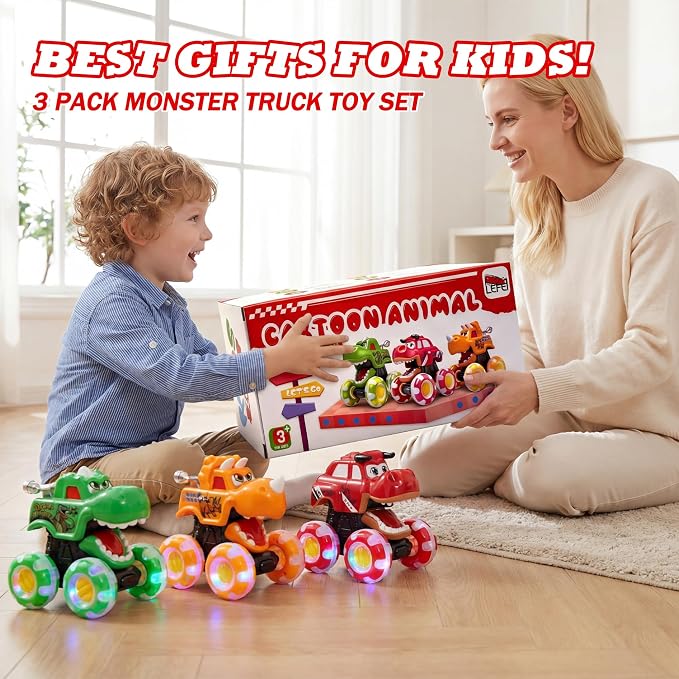 Monster Truck Toy for Kids Toddlers 1-3, Light up Wheels Dinosaur Car Toys, Baby Toy - Press and Go Dinosaur Trucks,Pull Back Vehicle Set for 2 3 4 Year Old Boy Birthday (3 Packs)
