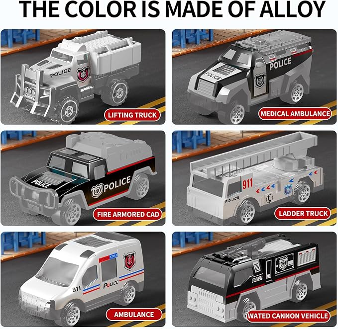 NIPLOOOW Police Trucks Toy Set with Play Mat, Carrier Truck Play Vehicles Set for 3 4 5 6 Years Old Boys Kids, Die-Cast Car Toy for Toddlers 3-4 Years, Birthday Gifts Toys for 3-9 Year Old Boys
