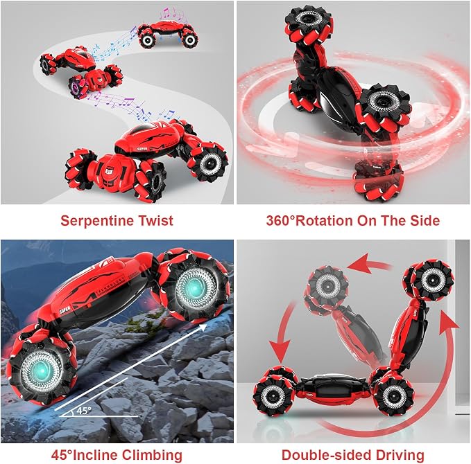 Fosgoit RC Car Toys for Boys Girls 6-12, Birthday Xmas Gifts for 6 7 8 9 10 11 12 Years Old, Gesture Sensing RC Stunt Car with Lights Music 2.4GHz 4WD Hand Remote Control 360° Rotate All-Round Drift