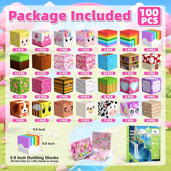 100PCS Magnetic Blocks, Magnetic Building Cube Set for Kids Ages 3+, Constructions STEM Stacking Tiles Toy Building Birthday Gifts for Girls