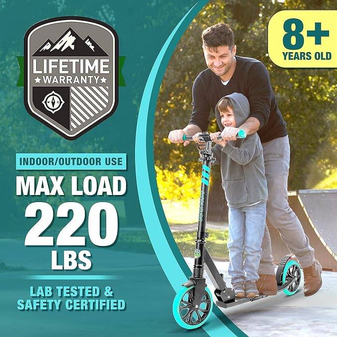 SereneLife Kick Scooter for Adults, Teenagers and Kids - 2 Wheel Scooter With Adjustable T-Bar Handlebar - Alloy Anti-Slip Deck - Portable Folding With Carrying Strap - Aqua