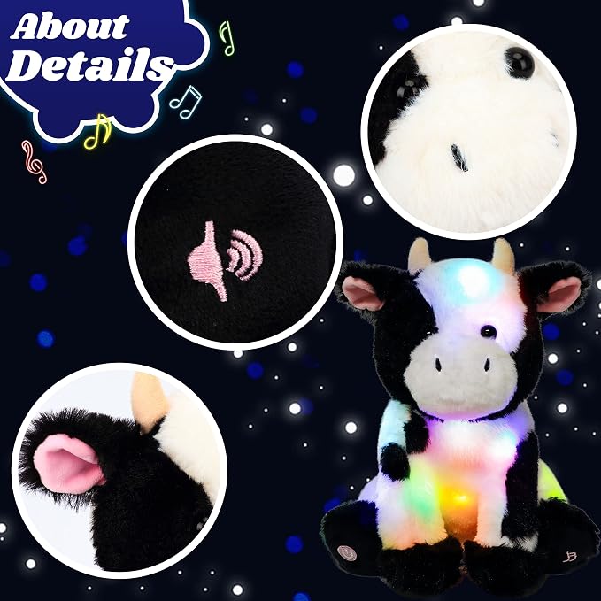 Light-up Singing Plush Cow LED Musical Stuffed Animal Adjustable Volume Lullaby Plushies Birthday Christmas Toy Gifts for Kids Toddler Girls, 13"