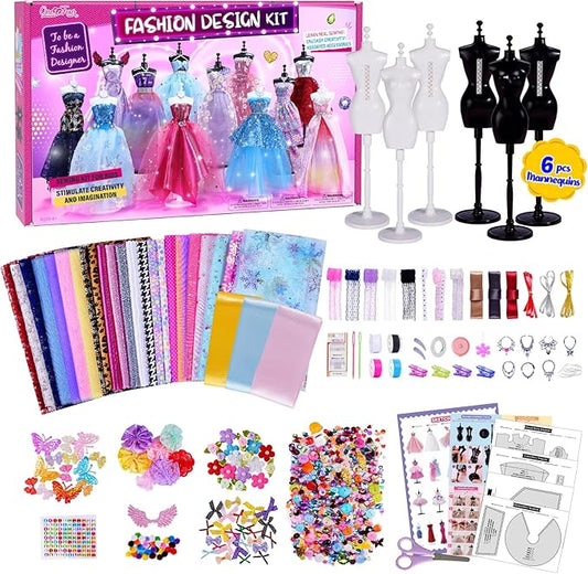 800+Pcs Fashion Designer Kits for Girls with 6 Mannequins - Girls Fashion Design Craft Kit, Sewing Kit for Kid 8-12, Birthday Gifts for Teens Girl 6 7 8 9 10 11 12