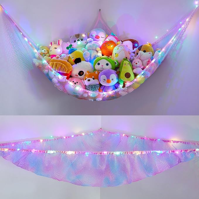Unicorn Castle Stuffed Animals Net or Hammock Kids Toy Storage Organizer with LED Light Hanging Corner Stuffed Animals Holder Kids Girls Room Decor,Blue-Purple,Large (Pack of 1)