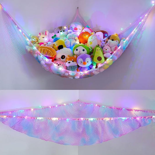 Unicorn Castle Stuffed Animals Net or Hammock Kids Toy Storage Organizer with LED Light Hanging Corner Stuffed Animals Holder Kids Girls Room Decor,Blue-Purple,Large (Pack of 1)
