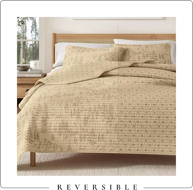 Great Bay Home Lodge Quilt Set - 3-Piece King/California King Size Rustic Bedding Set - Lightweight, All-Season, Reversible Bedspread (Bear Mountain Scene)