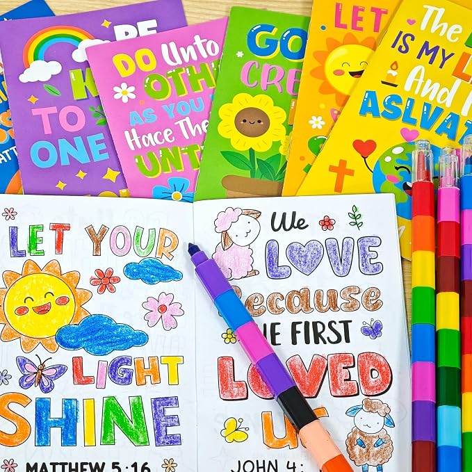 Cinrobiye 24 Set Bible Coloring Books with Stacking Crayons, Religious Activity Set for Church Events, Sunday School, VBS Activities, Faith Gatherings and Community Outreach