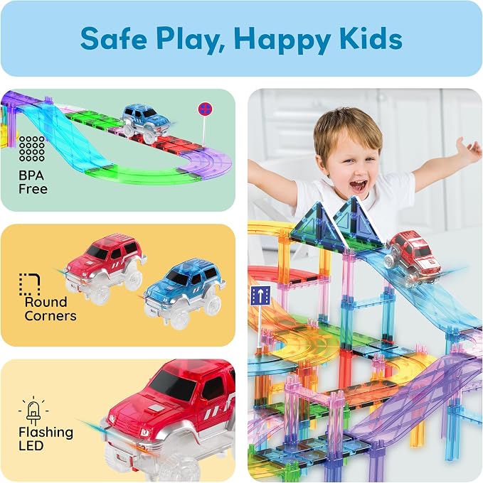 PicassoTiles 2pcs Magnetic Toy Car Set Highly Detailed Compatible with Magnet Race Track STEM Truck Replacement Accessories Educational Construction Building Kits for Toddlers Boys & Girls Ages 3+
