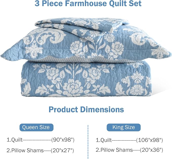Queen Size Quilt Set 3 Pieces - Light Blue and White Floral Scalloped Quilt with Shams, 100% Cotton Lightweight Reversible Bedspread for Bedroom & Guest Room, 90×98''