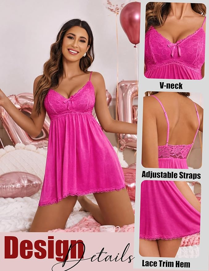 Avidlove Women Nightgown Sexy Sleepwear Lace Chemise V-neck Modal Babydoll Lounge Dress