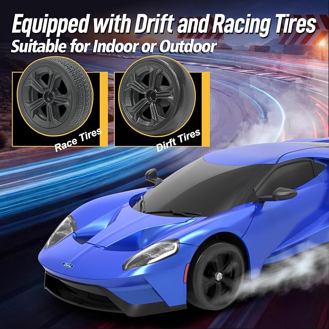 YONCHER RC Drift Car, Remote Control Car for Kids Ford GT Officially Licensed, 1:24 20KM/H 4WD with Lights, Fast Racing Toy Car for Boys Girls, Blue