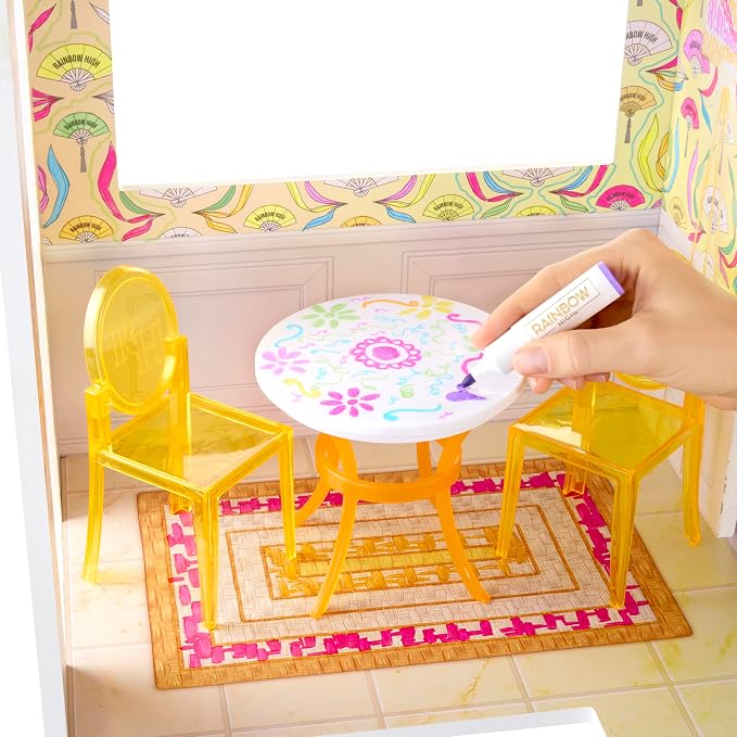 Rainbow High Color & Play 3-Story Doll House, Design All Walls & Floors with Washable Markers, Wood Playset Includes Toy Furniture and Accessories, Gift for Kids 4+