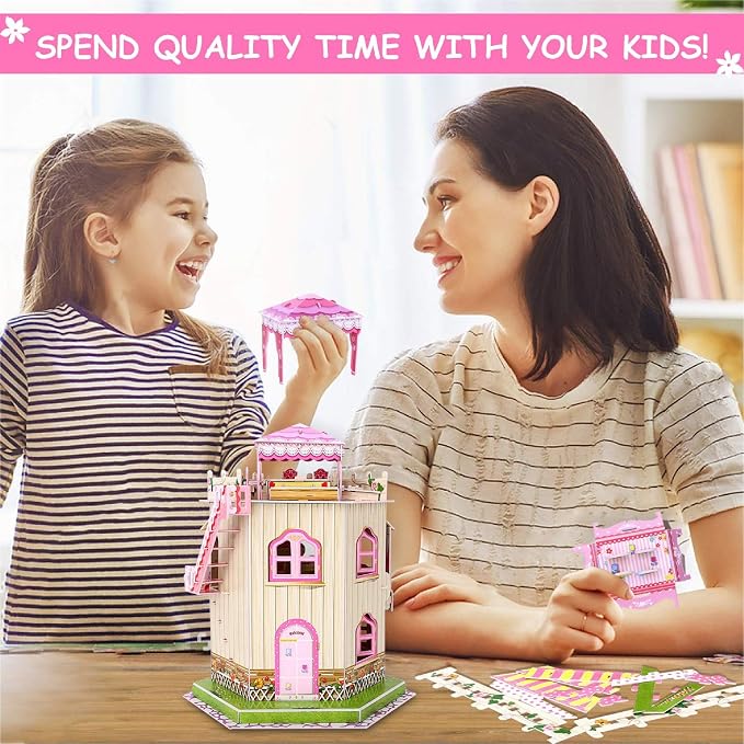 Rooftop Romance 3D Puzzle Dollhouse for Girls - Easy to Assemble 3-D Miniature Doll House Building Kit with LED Light for Kids - Educational Paper Jigsaw Puzzles - Perfect Craft Toys Gift - 101 Pcs