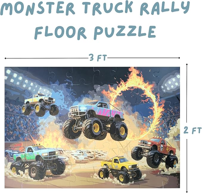 Monster Truck Rally Jumbo Floor Puzzle for Kids - 48 Large Pieces, 3ft x 2ft - Toddler Puzzles, Preschool Learning Toys, Big Piece Floor Puzzles for Kids, Ring of Fire - Tot Dojo