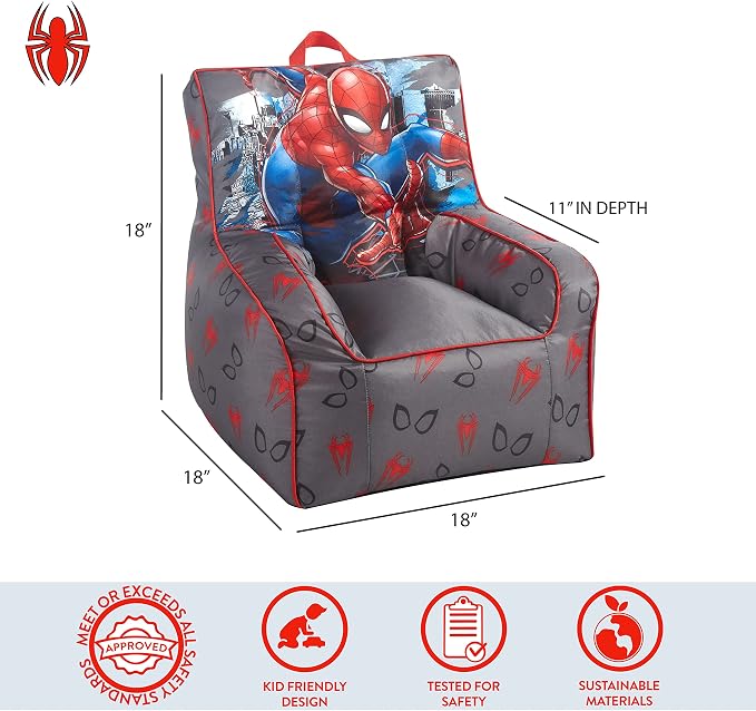 Idea Nuova Marvel Spiderman Toddler Nylon Bean Bag Chair with Piping & Top Carry Handle, Large