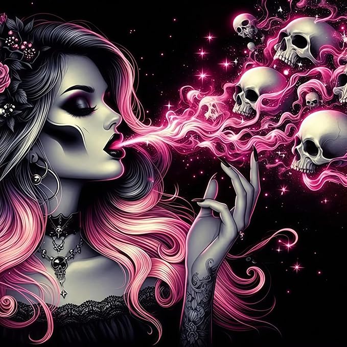 CHWGLFGG 5D Full Round Drill Diamond Painting Kit for Adults, Gothic Sugar Skull Woman Pink Smoke Skull Diamond Art Canvas, DIY Paint by Diamonds Dot Gem Craft 13.8x13.8 Inch for Home Wall Decor