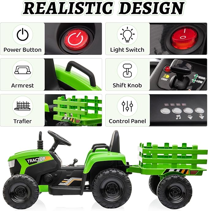 TOBBI Kids Electric Toy Tractor, 12V Battery-Powered Toddlers Ride On Car to Drive, Motorized Trailer Vehicle with 35W Dual Motor/6-Wheels/3-Speeds/LED & Horn Functions for Chirdren Aged 3-8-Green