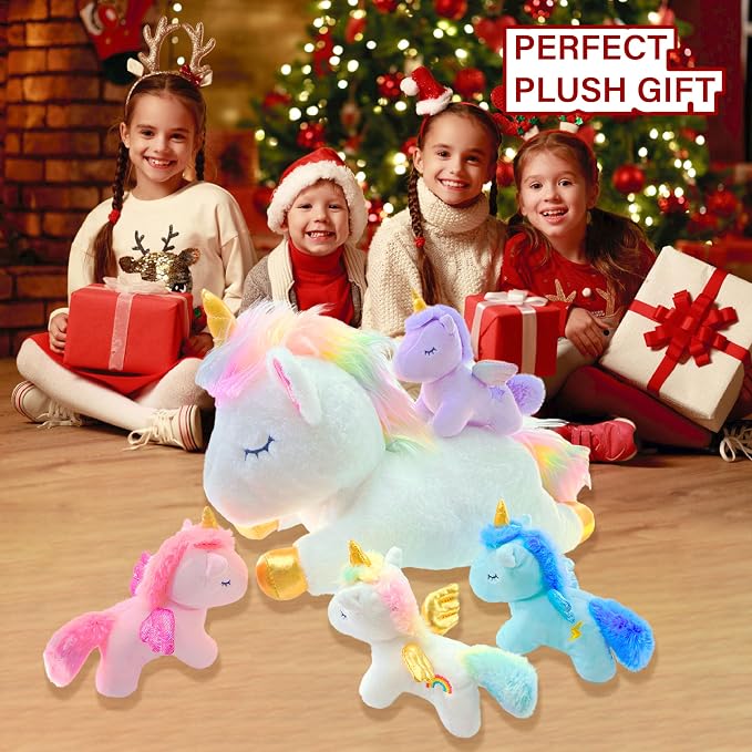 Unicorn Stuffed Animal,Cute Unicorn Mommy Stuffed Animal with 4 Baby Unicorns Plush in Tummy,Kawaii Unicorn Plush Toy Gift for Kids Girls Boys