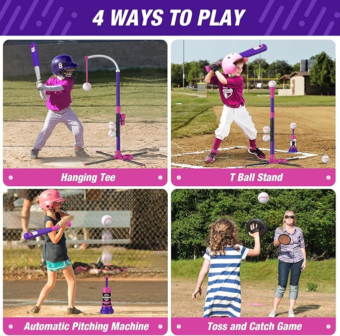 HYES 4 in 1 T Ball Sets for Kids 3-5 with Toss and Catch Ball Set, Hanging Tee Stand with Auto Pitching Machine/ 2 Bats, Indoor Outdoor Toys Baseball Gifts for Toddler Boys Girls, Purple