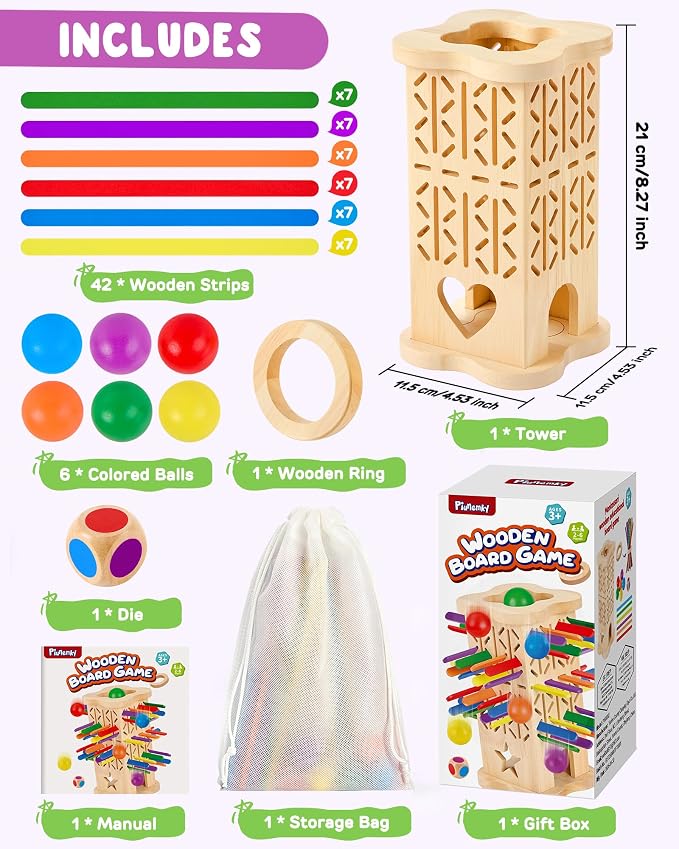 Montessori Wooden Board Games for Kids Ages 4-8, 42 Wooden Strips Game, Color Matching Board Games for Kids 4-6, Fine Motor Skills Toy Montessori Toys for 3 4 5 6 Year Olds, Gift Boys Girls Family