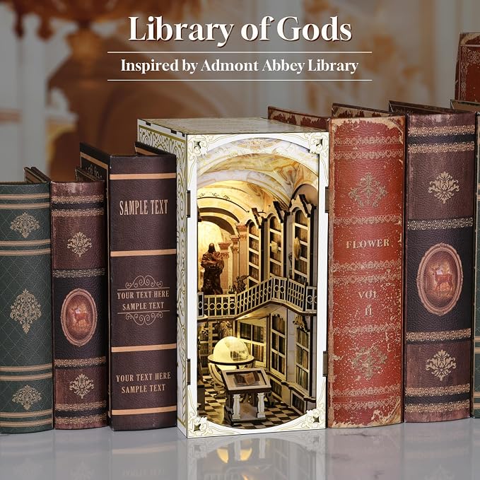 MiniCity Book Nook Kit, DIY Miniature Dollhouse Booknook Kit, 3D Wooden Puzzle Bookend Bookshelf Insert Decor with LED Light for Teens and Adults (Library of Gods)