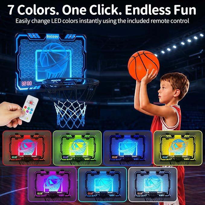 BELEEV Indoor Mini Basketball Hoop with LED Lights, Electronic Scoreboard & Sounds, Over The Door Basketball Hoop for Kids, Ball & Pump Included, Indoor Sports Toy Gift for Boys Girls Ages 4-12 (Blue)