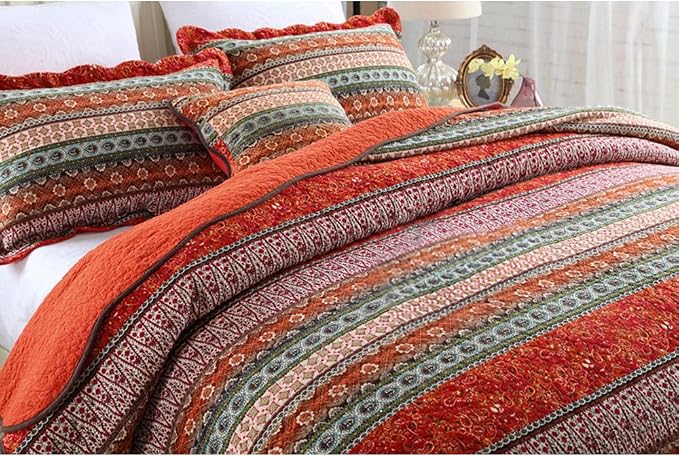 NEWLAKE Striped Classical Cotton Patchwork Bedspread Quilt Sets, Twin Size