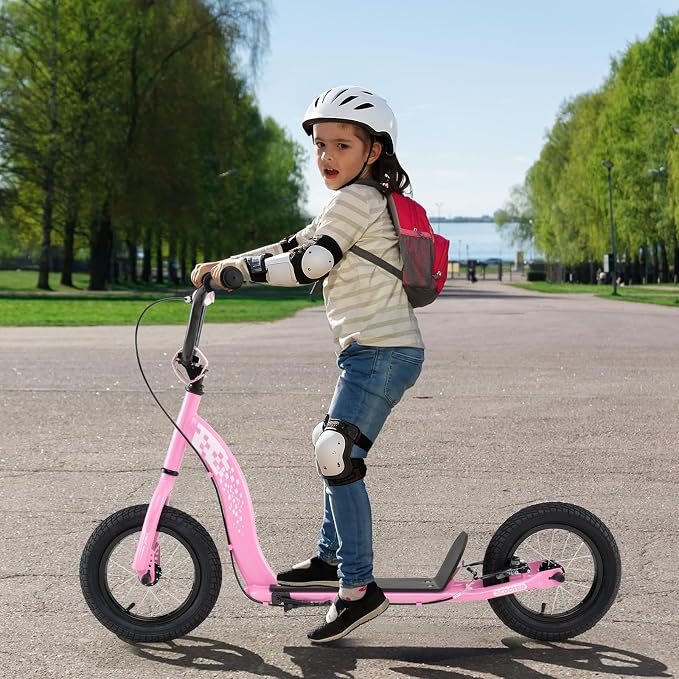 GYMAX Scooter, Kick Scooter for Adults, Teens, Kids with Adjustable Handlebar, 12” Inflatable Wheels, Front Caliper Brake & Non-Slip Deck, Heavy Duty Off-Road Scooter