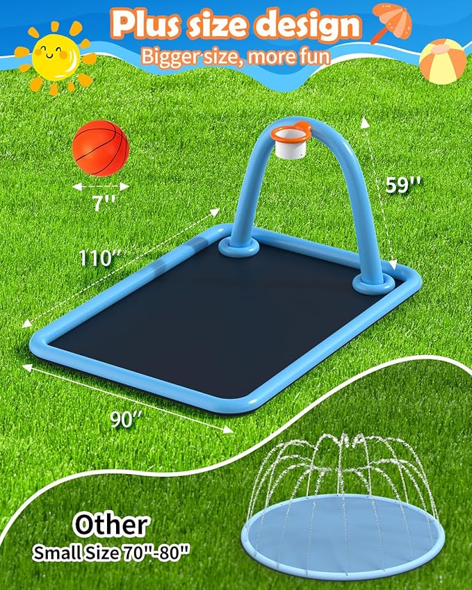 Splash Pad for Kids & Dogs, 110'' Large Sprinkler Pad Water Toys with Basketball Hoop, Thickened Non-Slip Splash Mat, Foldable Play Pool & Outdoor Summer Toys Ages 4-12 (110" Splash Pad)