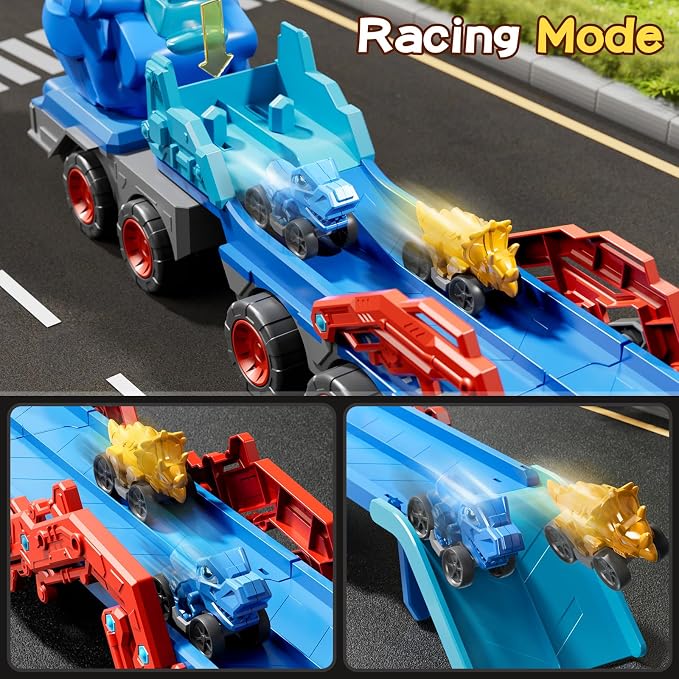 PEADUCK Toddler Car Truck Toys for Kids Ages 3-5, 10-in-1 Dinosaur Carrier Truck with Foldable Track Toys with Spray, Light & Sounds and 9 Dino Cars, Birthday Gift for 3 4 5 6 7 8 Years Old Boys Girls