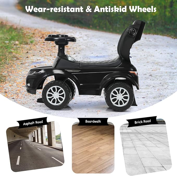 Costzon 3 in 1 Ride on Push Car, Stroller Sliding Walking Car with Horn, Music, Light, Under Seat Storage, Parental Handle, Armrest Guardrails, Ride on Toy for Boys & Girls (Black)