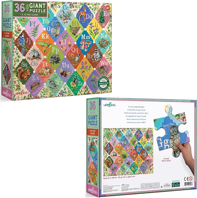 eeBoo 36 Piece Giant Floor Puzzle - A is for Acorn Children's Puzzle Alphabet & Animal Themed, Large Pieces for Small Hands to Develop Motor Skills