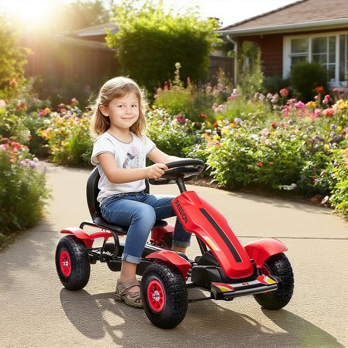 Aosom Kids Pedal Go Kart, Outdoor Ride on Toys with Adjustable Seat, Sharp Handling, Handbrake, 4 Non-Slip Rubber Wheels for Boys & Girls Aged 5-12 Years Old, Red