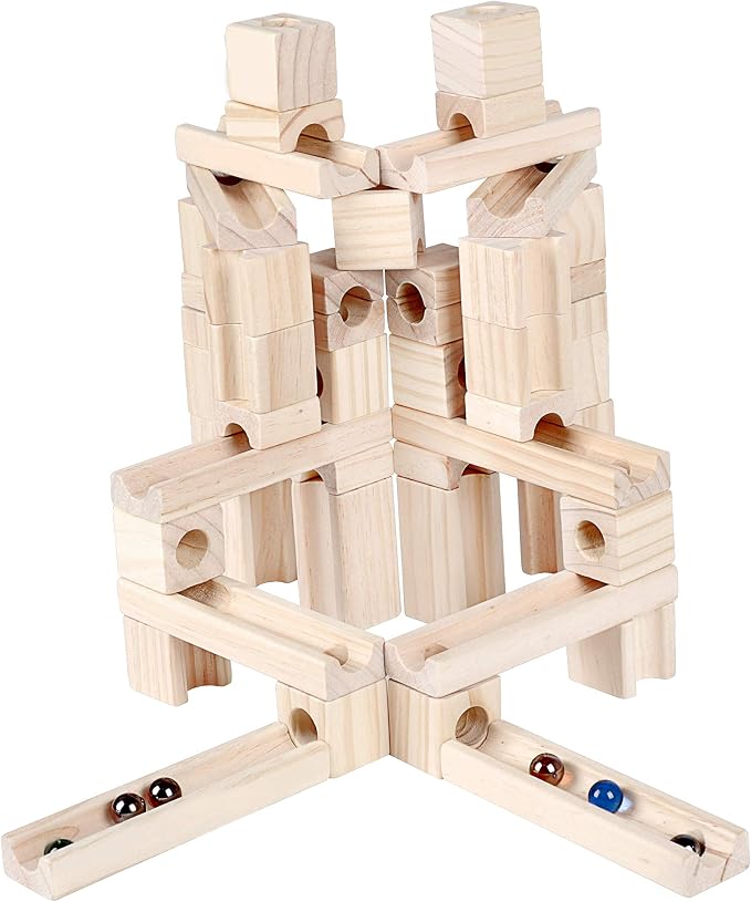 Golden Age Marble Run Toys, 60 Pieces Wooden Classic Ramps Track Building Construction Set for Children Toddler