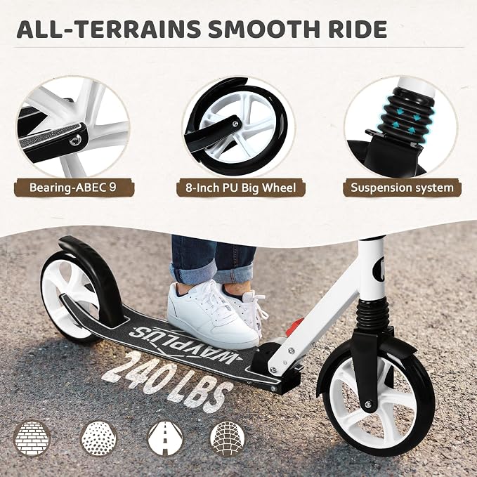 WAYPLUS KS1 Kick Scooter for Ages 6+,Kid, Teens & Adults. Max Load 240 LBS. Foldable, Lightweight, 8IN Big Wheels for Kids, Teen and Adults, 4 Adjustable Levels. Bearing ABEC9 FED Fitness