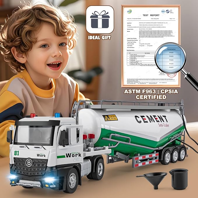 HAPYAD Diecast Semi Truck Toy, Big Tractor Trailer for Boys Toddlers, 18.2" | Large Tanker Truck, Metal Cab, Lights and Sounds, Working Water Pump, Friction Powered Truck and Trailer Toys for Boys Kids