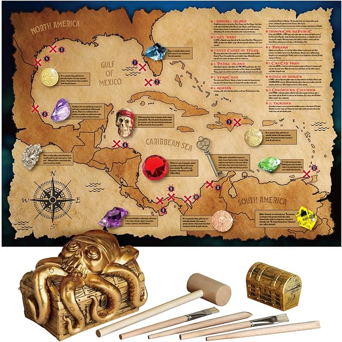 Jumbo Pirate Treasure Chest Dig Kit - Dig Up 12 Gems & Pirate Treasures, STEM Science Educational Toy Gifts for Boys, Girls & Kids Ages 6–12, Excavation Dig Party Favors