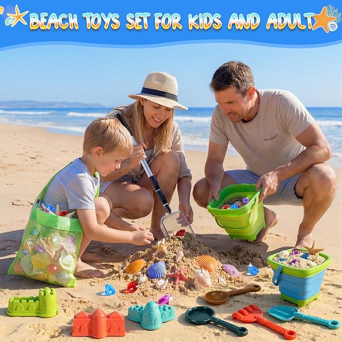 Beach Sand Toys Set with 2 PCS Adjustable Sand Sifter, Collapsible Beach Bucket,Sandbox Shovels,Sand Castle Kit,Diving Gem,Seashell Bags,Sand Sifter Shell Scooper Beach Essentials for kids 3-12