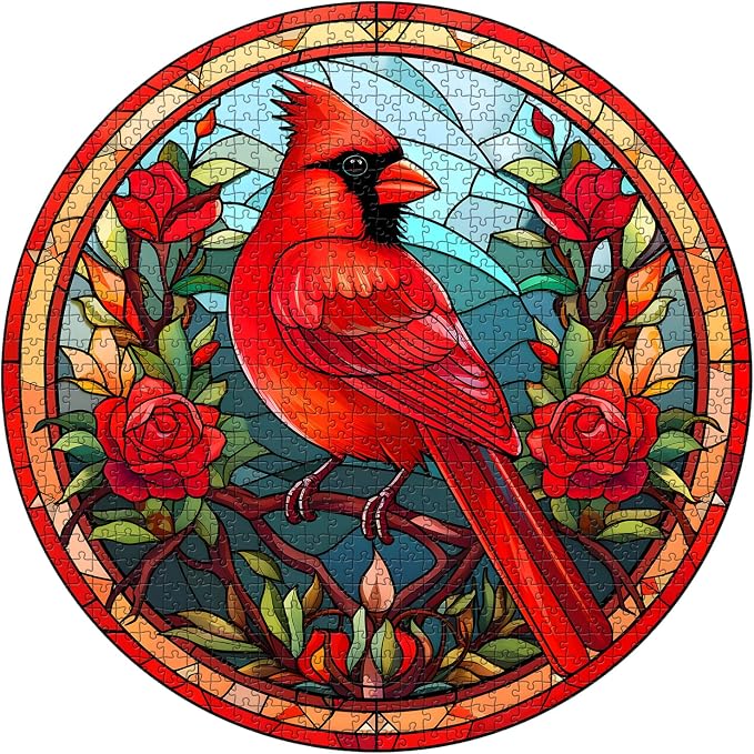 Stained Glass Puzzle Bird Puzzles for Adults 1000 Pieces, Round Cardinal Bird Flower Puzzle, Impossible Hard Challenging Puzzles for Adults, Colorful Stained Glass Jigsaw Puzzle as Wall Art Decor