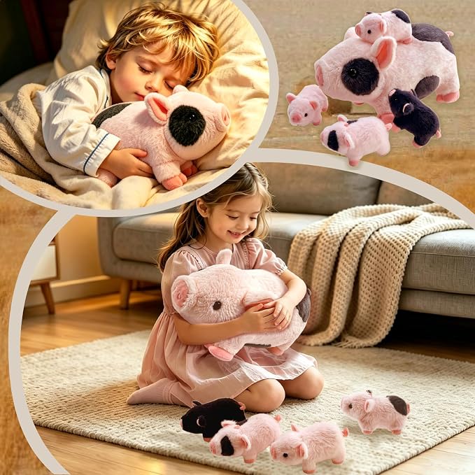Pig Stuffed Animal，Cute Pig Mommy Stuffed Animal with 4 Baby Pig Plushies in Tummy，Kawaii Pig Plush Toy Gift for Kids Girls Boys