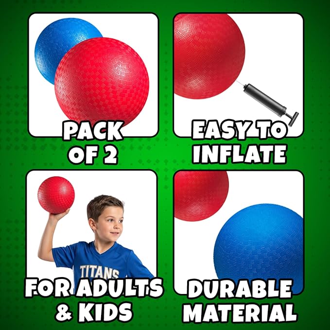 5 Inch Red & Blue Playground Dodgeballs - (2-Pack) - Small Playground Balls for Kids, Teens & Adults - Gym Sports Balls for Dodgeball, Four Square, PE, Recess Games w/Hand Pump